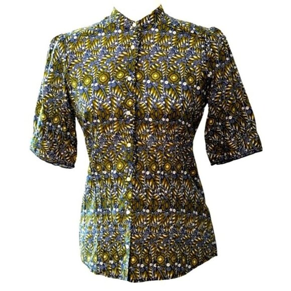 Banana Republic Tops - Banana Republic Boho Leaf Batik Blouse Sz Small Mandarin Collar Puff Sleaves Cot